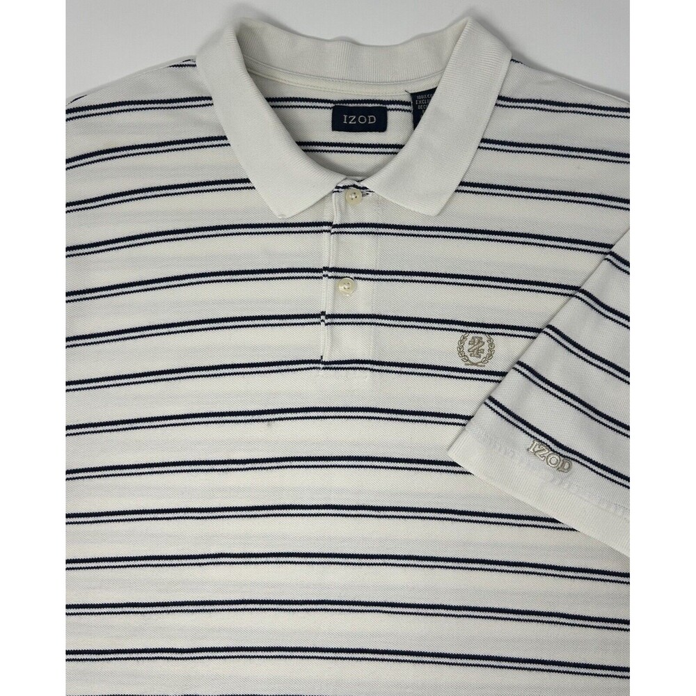 IZOD Mens White Blue Striped Short Sleeve Polo XL